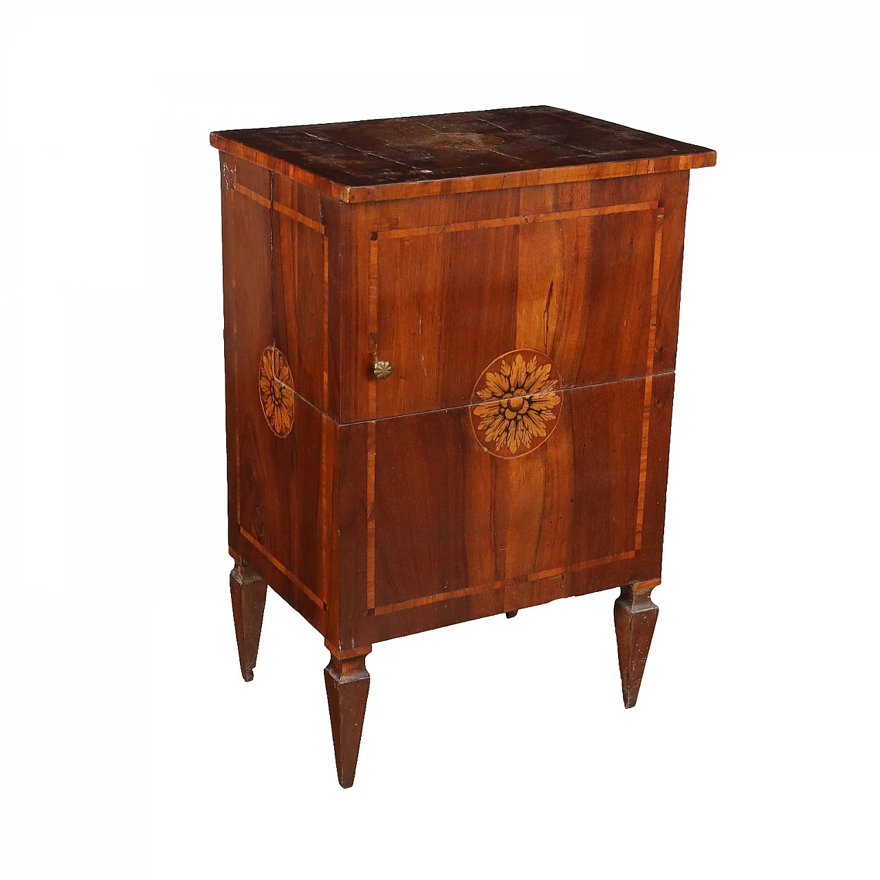 Walnut and maple nightstand with truncated pyramid feet, 18th century 1