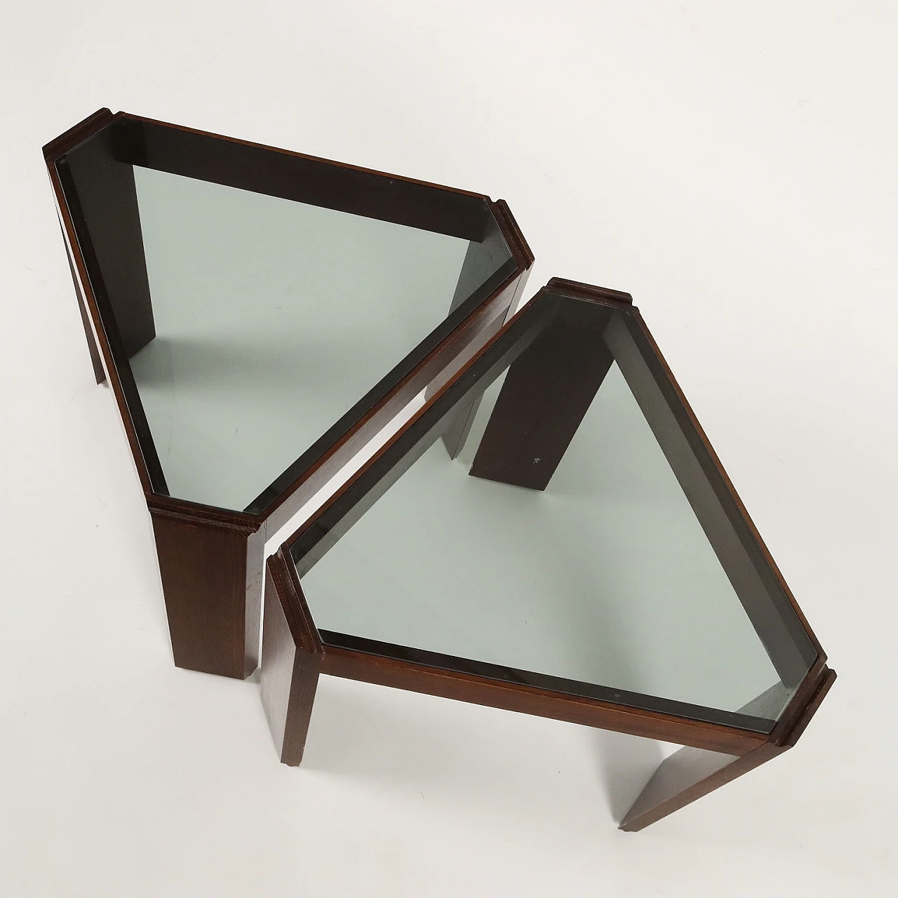 Pair of triangular stained exotic wood and smoked glass coffee tables, 1980s 3