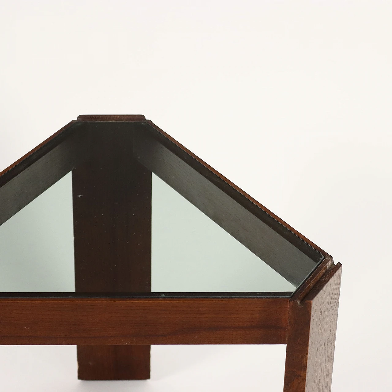 Pair of triangular stained exotic wood and smoked glass coffee tables, 1980s 6