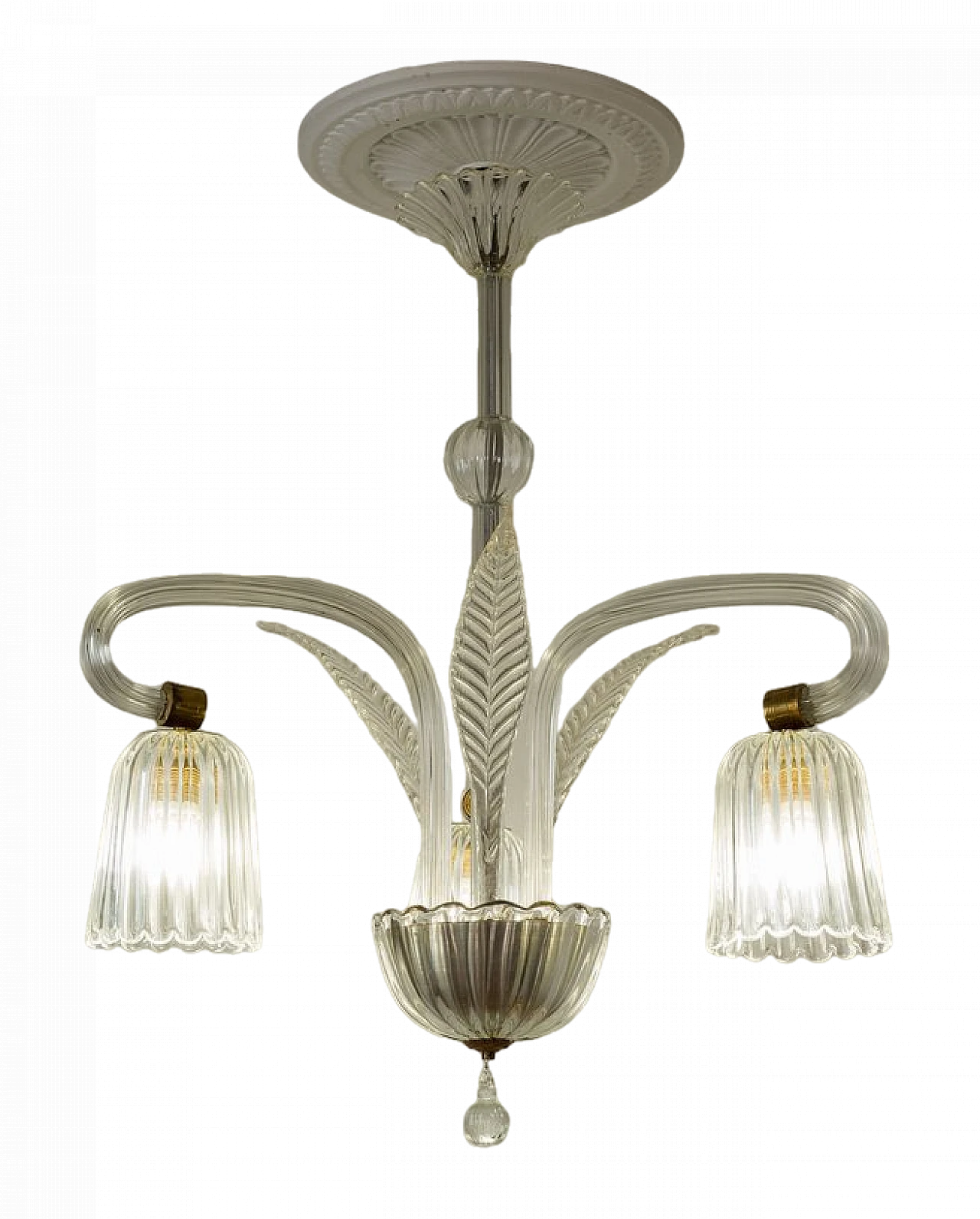 Lampadario Art Déco a tre luci in vetro di Murano, anni '30 12
