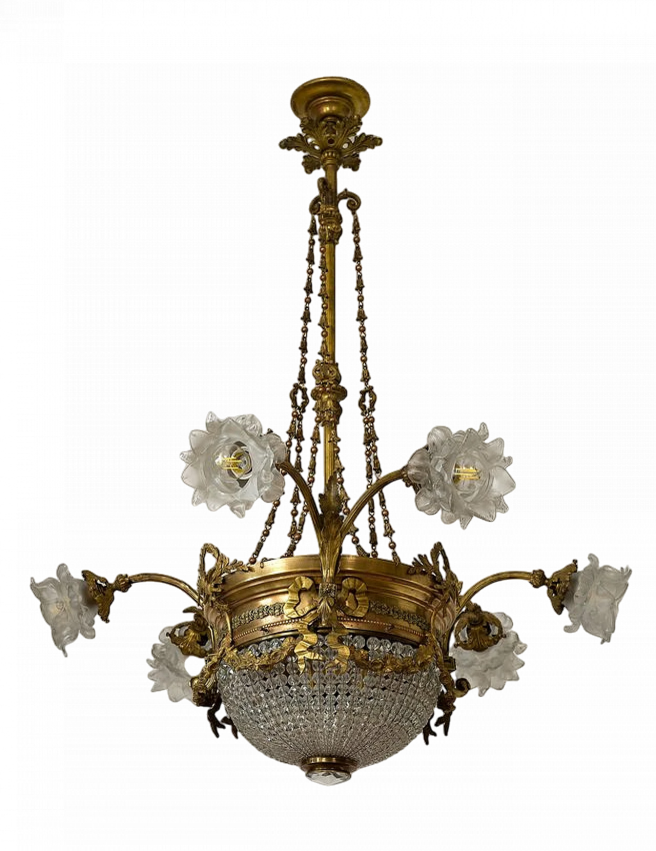 Nine-light Art Nouveau brass and crystal chandelier, 1920s 15