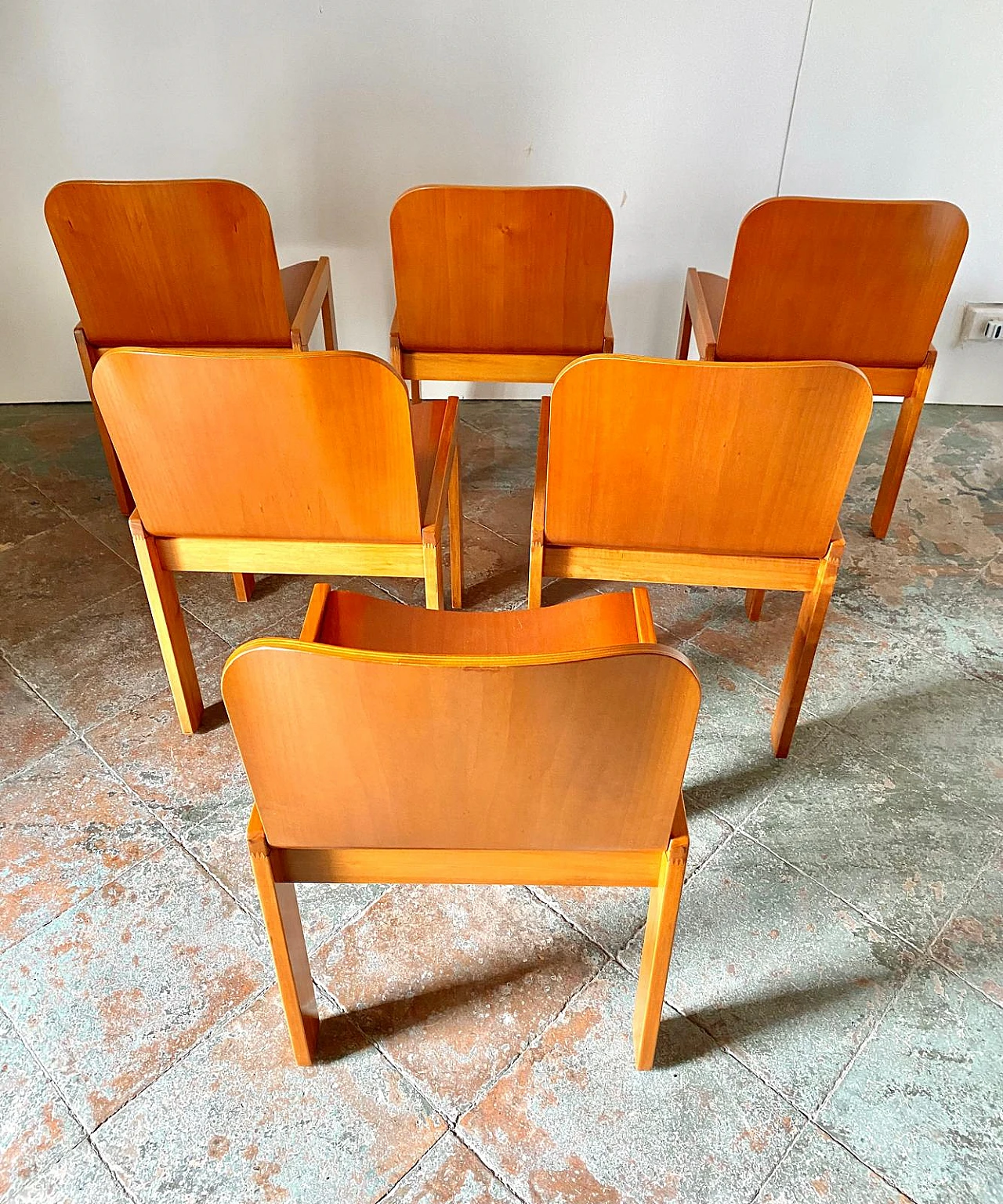 6 Dining chairs in walnut & cherry by Tobia Scarpa for Molteni, 1970s 5