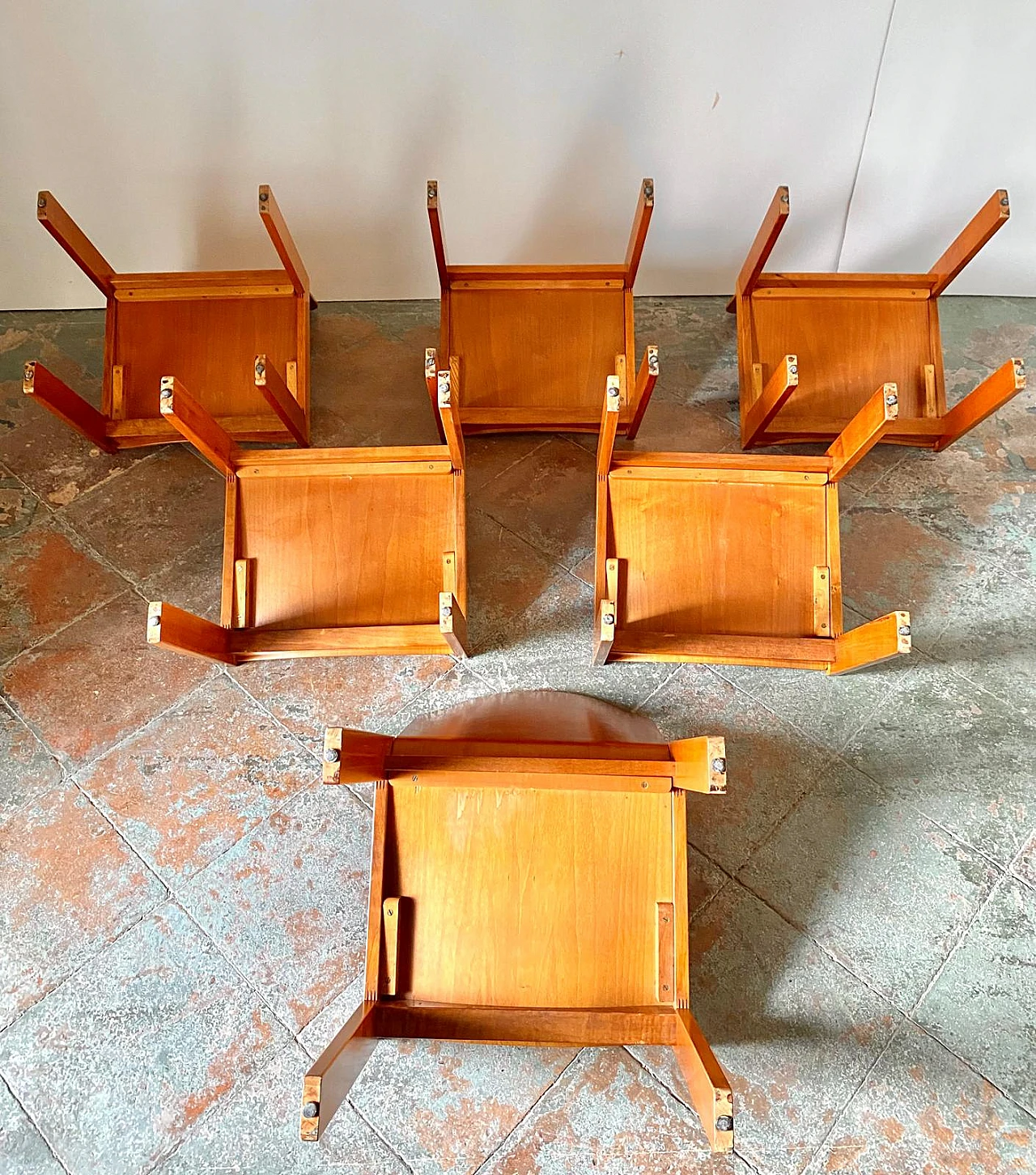 6 Dining chairs in walnut & cherry by Tobia Scarpa for Molteni, 1970s 7