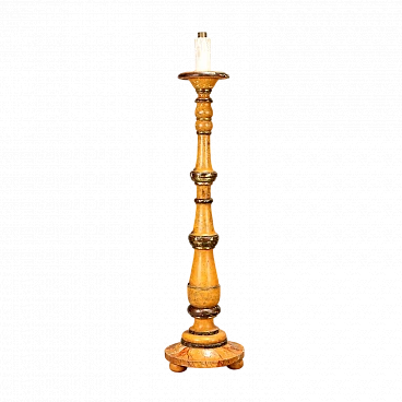 Turned candle holder in lacquered wood & marbled base, 19th century