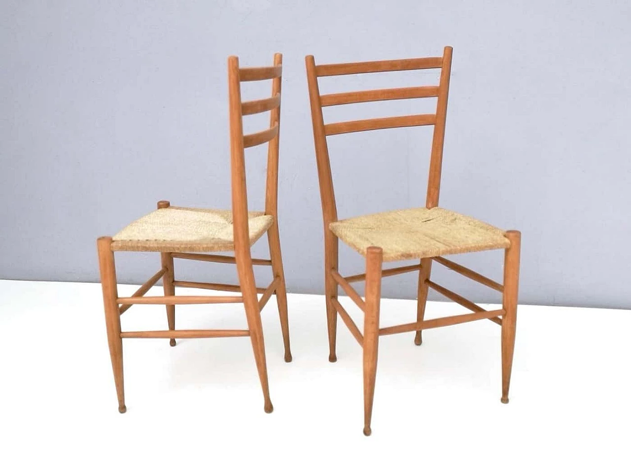 Pair of Chiavarine chairs in beech and wicker, 1950s 2