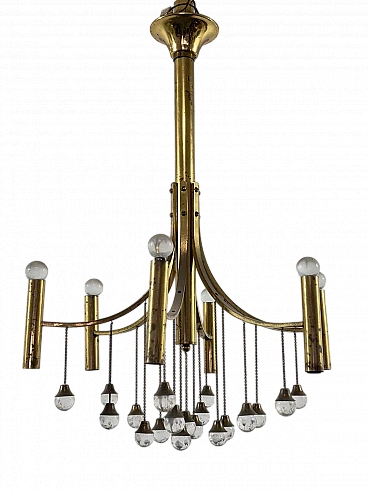 Brass and crystal six-light chandelier by Gaetano Sciolari
