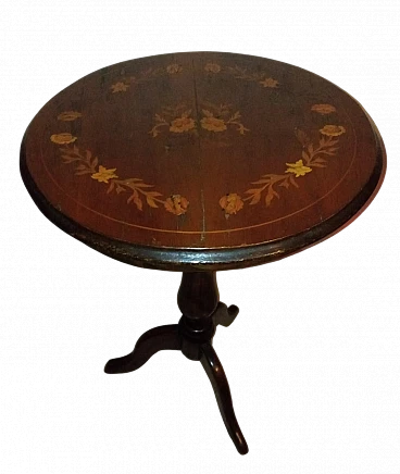 Round cherry wood coffee table with floral motif inlays, 19th century