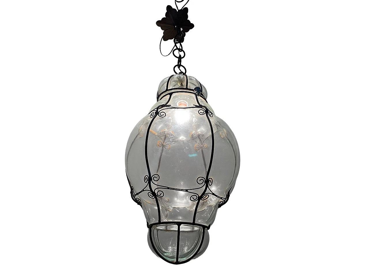 Lampada da soffitto in ferro battuto e vetro di Murano, anni '50 1