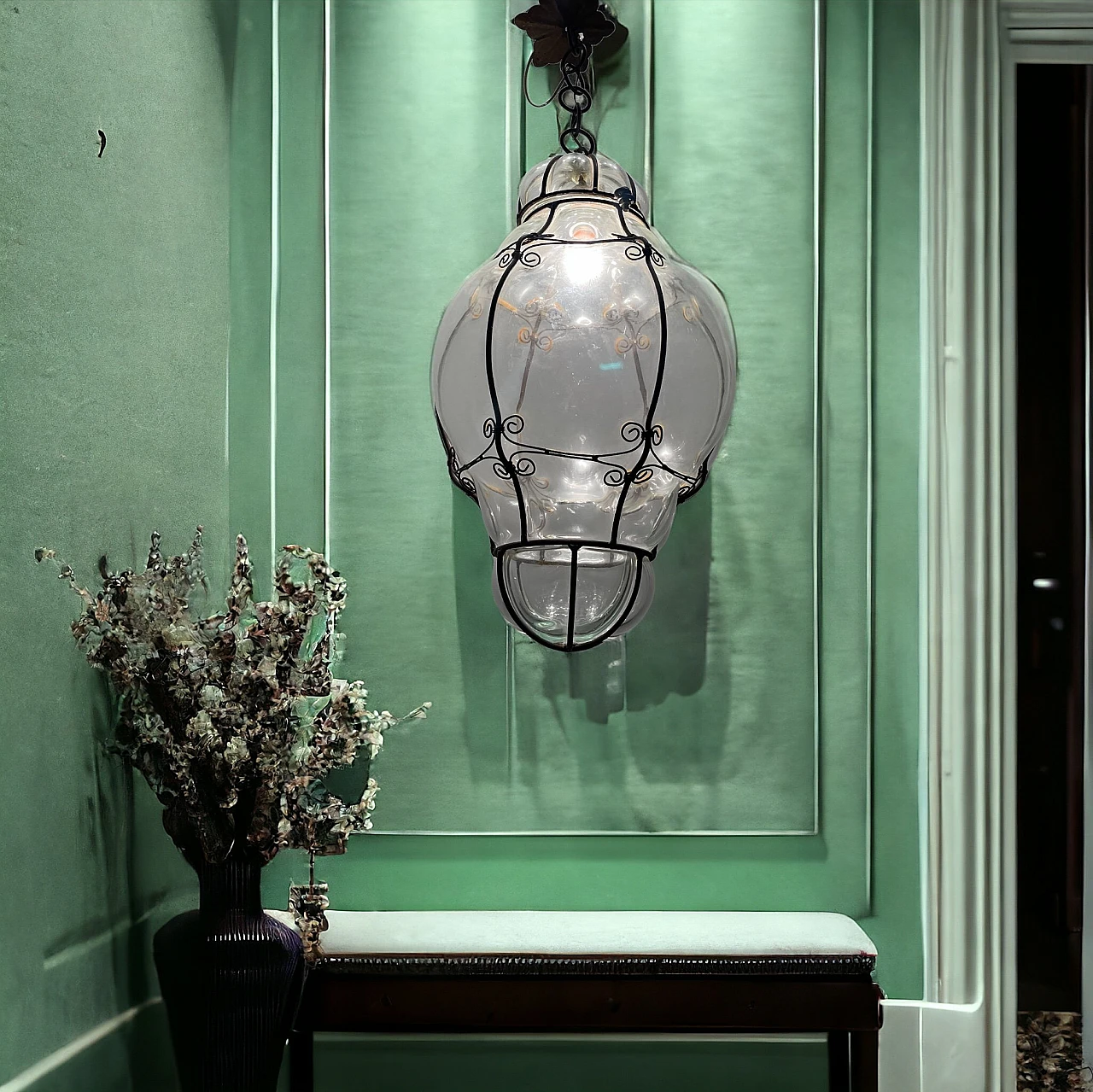 Lampada da soffitto in ferro battuto e vetro di Murano, anni '50 10