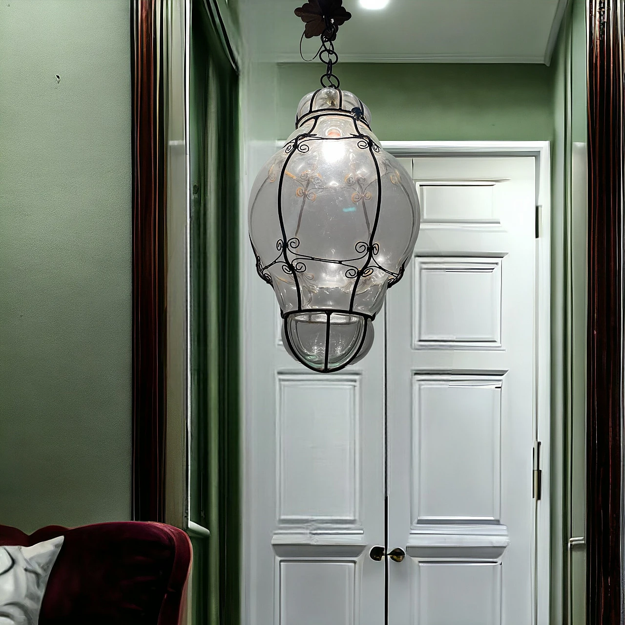 Lampada da soffitto in ferro battuto e vetro di Murano, anni '50 11