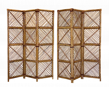Coppia di Paraventi in giunco e bambù con legature in cuoio, anni '70