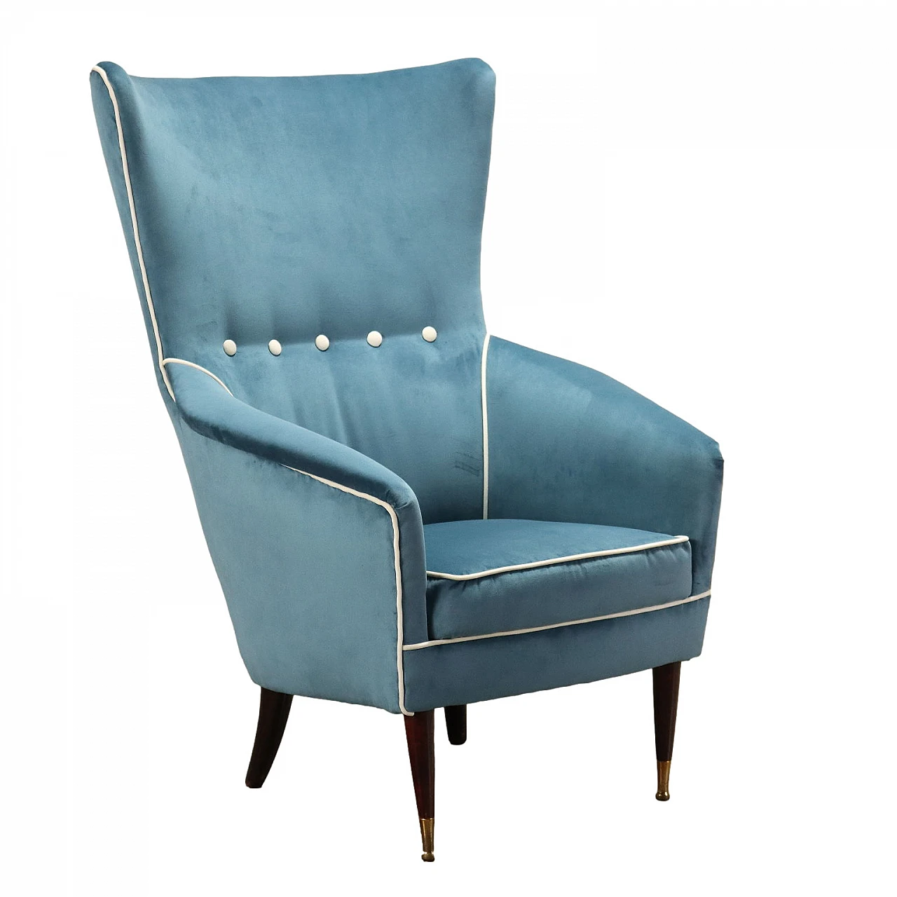 Light blue velvet armchair with wooden legs, 1950s 1