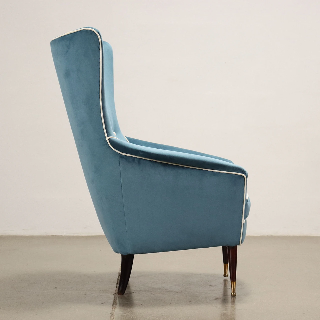 Light blue velvet armchair with wooden legs, 1950s 3