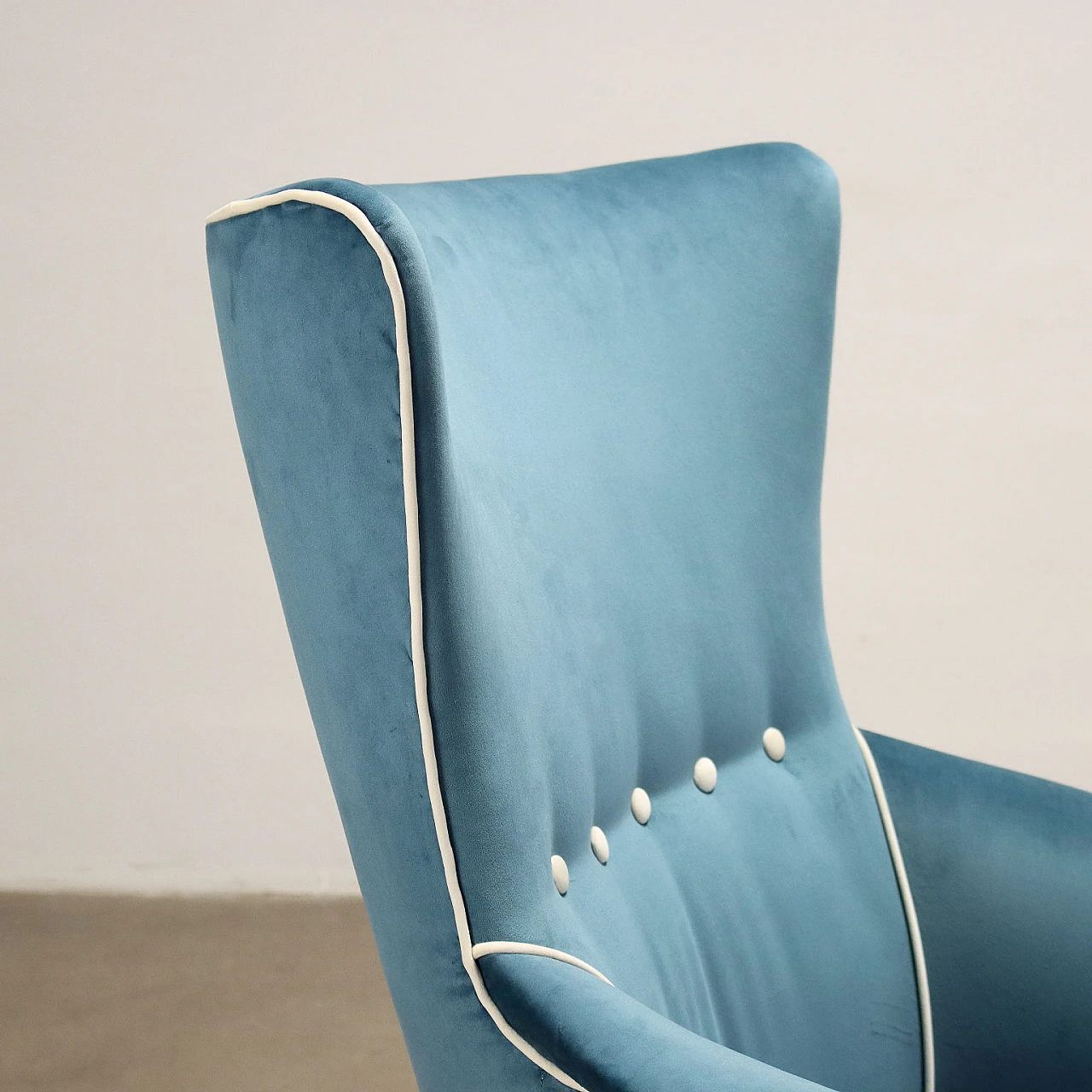 Light blue velvet armchair with wooden legs, 1950s 4