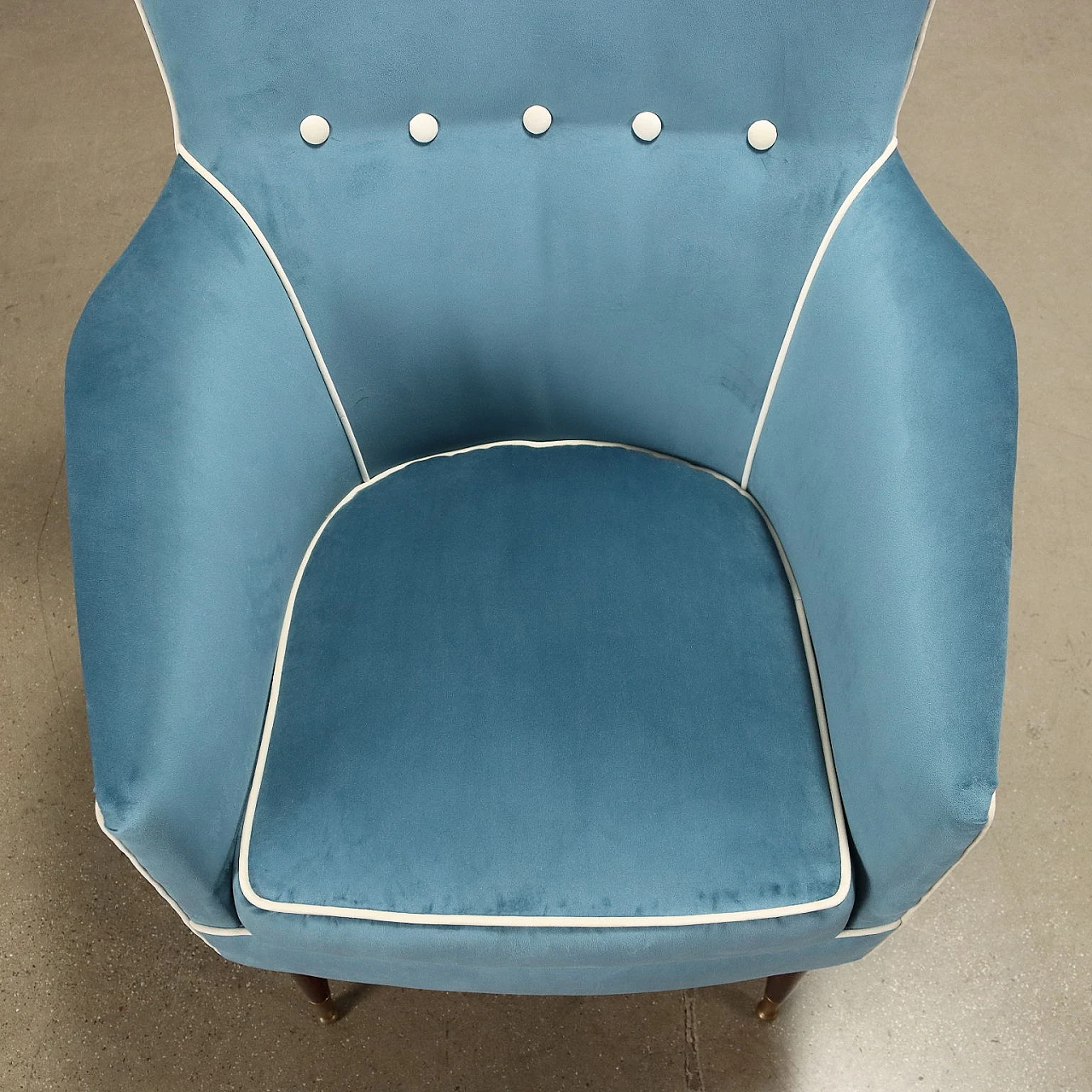 Light blue velvet armchair with wooden legs, 1950s 8