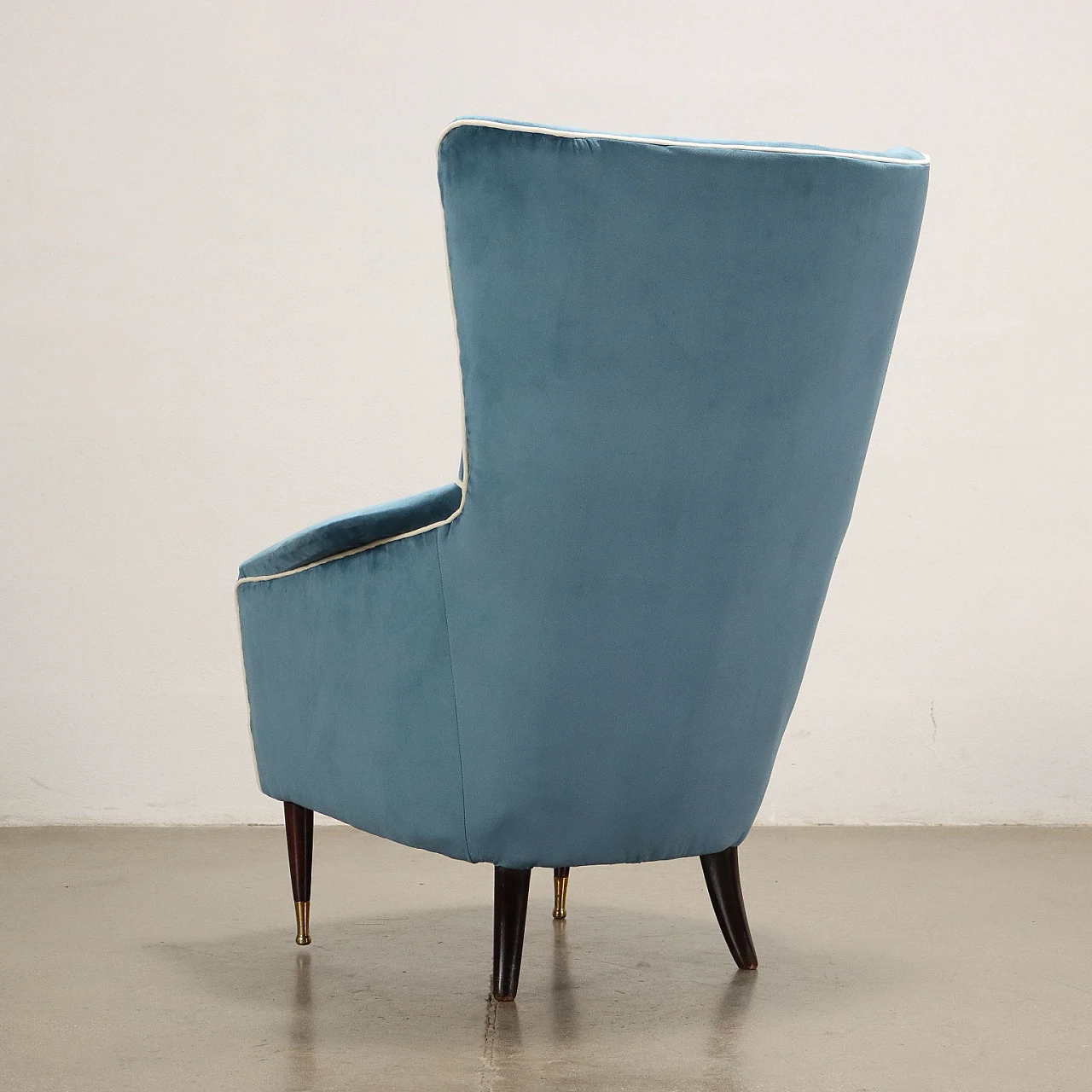 Light blue velvet armchair with wooden legs, 1950s 9