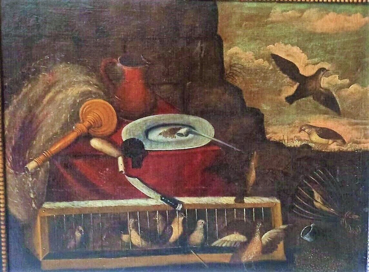 Caccia agli uccelli, dipinto a olio su tela, inizio '700 1