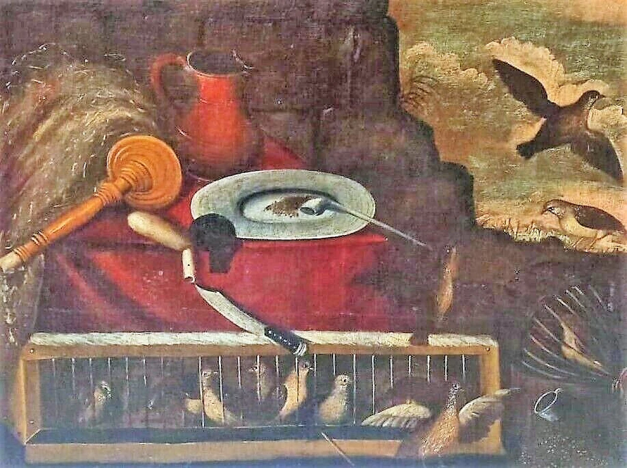 Caccia agli uccelli, dipinto a olio su tela, inizio '700 2