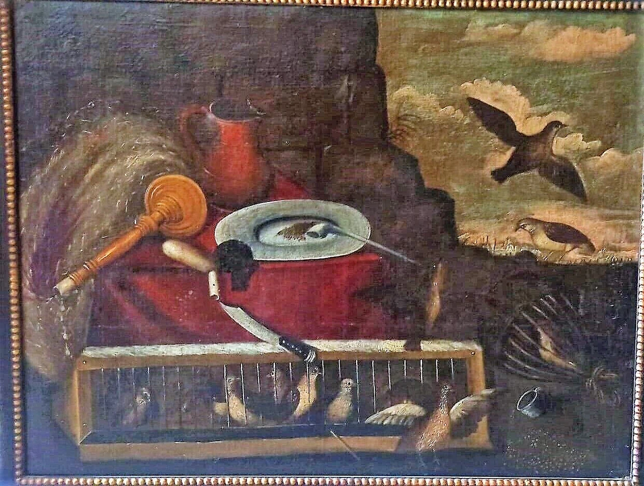 Caccia agli uccelli, dipinto a olio su tela, inizio '700 3