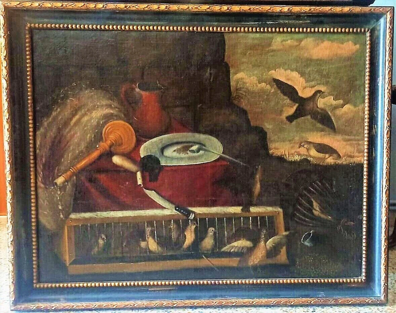 Caccia agli uccelli, dipinto a olio su tela, inizio '700 6
