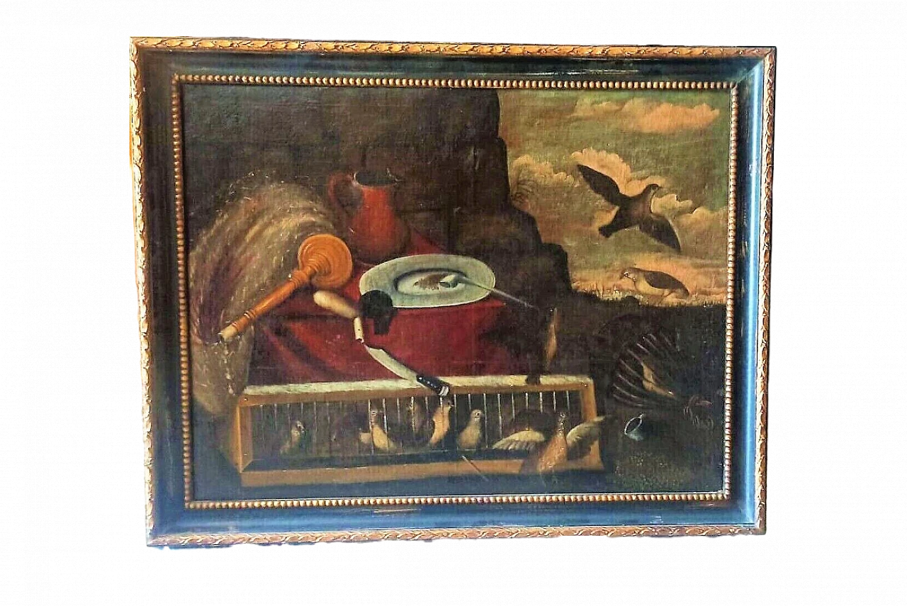 Caccia agli uccelli, dipinto a olio su tela, inizio '700 7