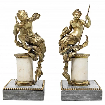Coppia di sculture in bronzo di Nereide e Tritone, '800