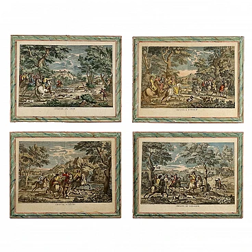4 Hunting scenes, watercolor etchings, 18th century