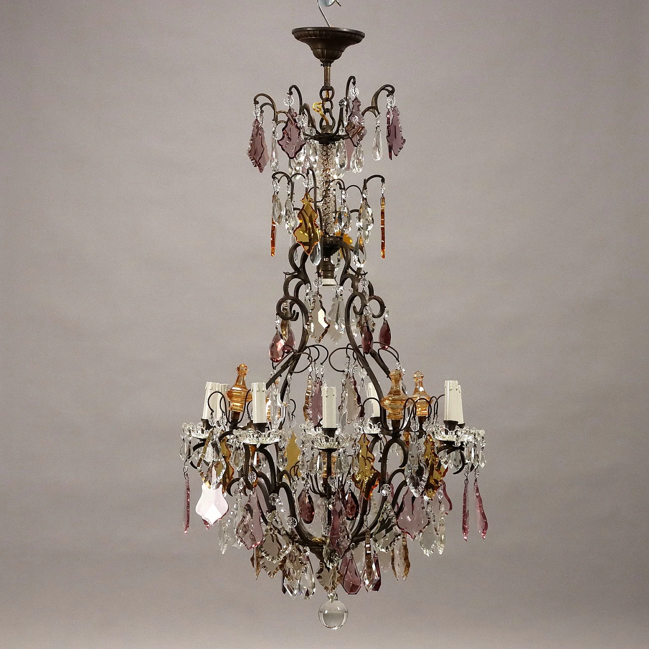 Lampadario a otto luci con pendenti in cristallo, inizio '900 1