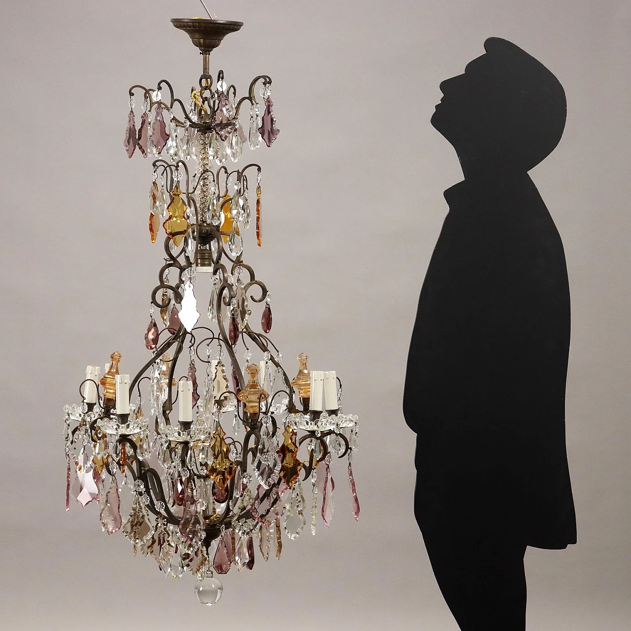Lampadario a otto luci con pendenti in cristallo, inizio '900 2