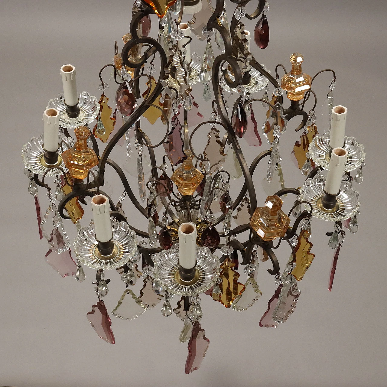 Lampadario a otto luci con pendenti in cristallo, inizio '900 8