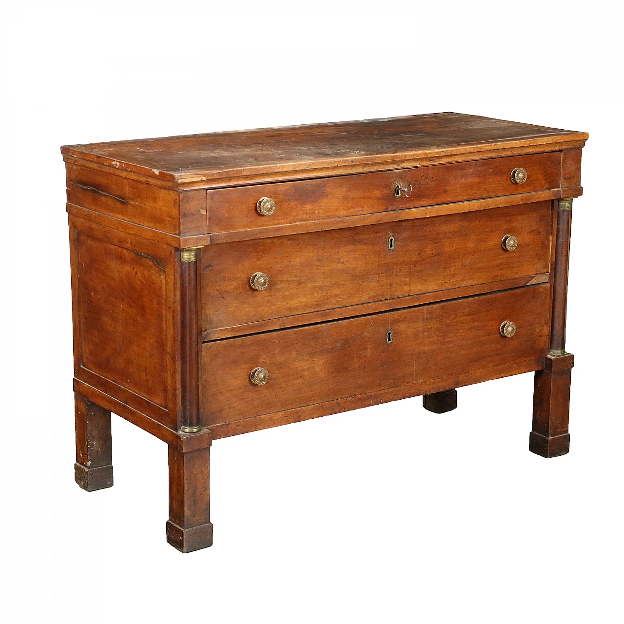 Cassettone Impero in noce con montanti decorati a semi colonne, primo quarto '800 1