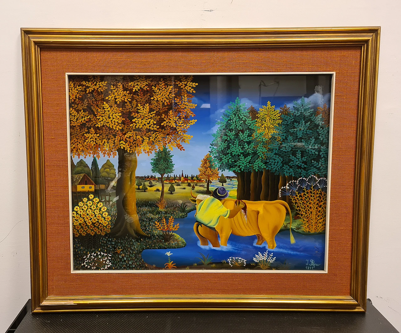 Ivan Popec, Farmer washing a cow, oil on glass, 1960s 1