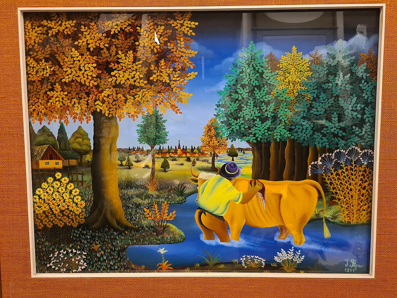 Ivan Popec, Farmer washing a cow, oil on glass, 1960s 2