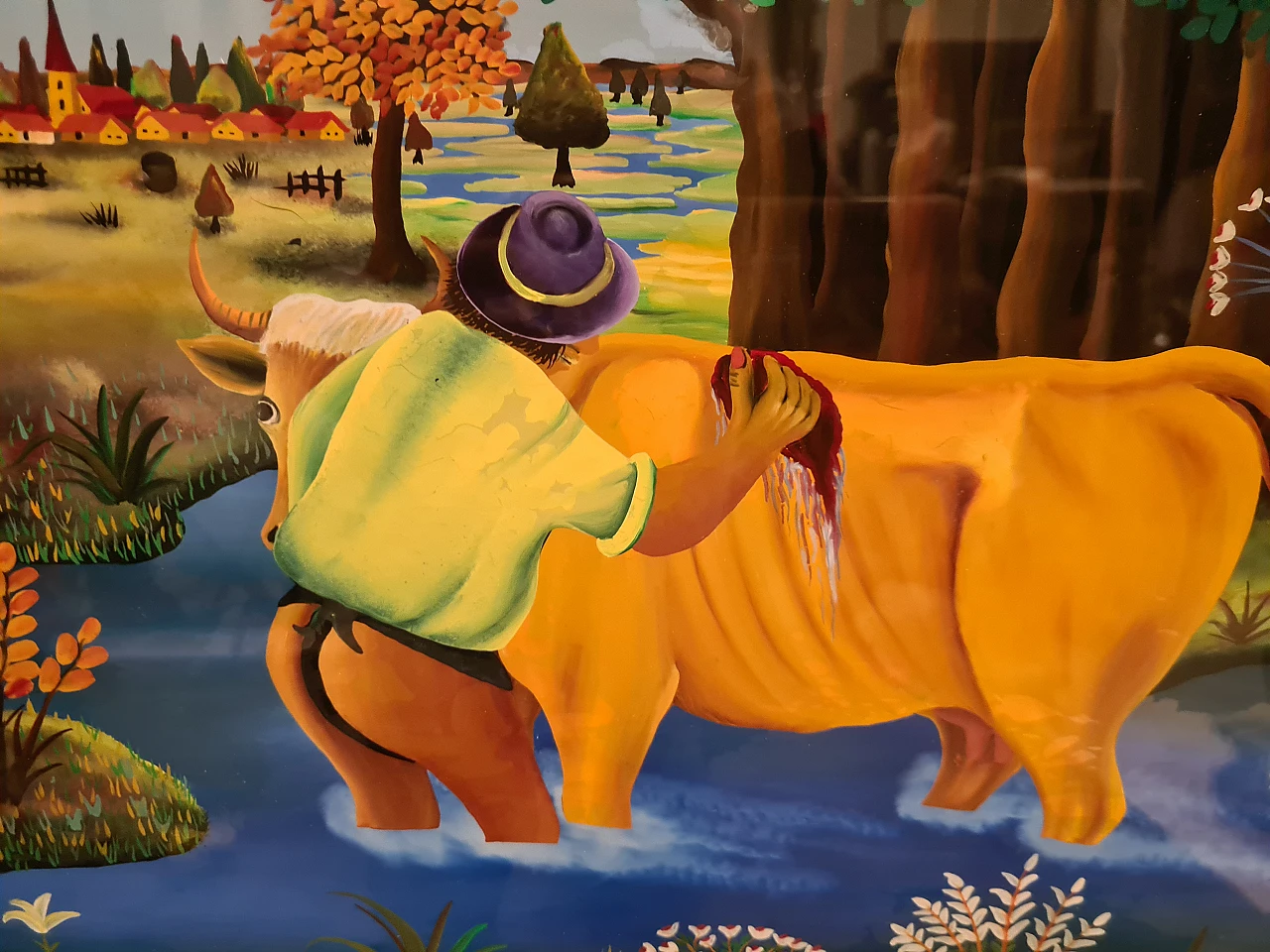 Ivan Popec, Farmer washing a cow, oil on glass, 1960s 7