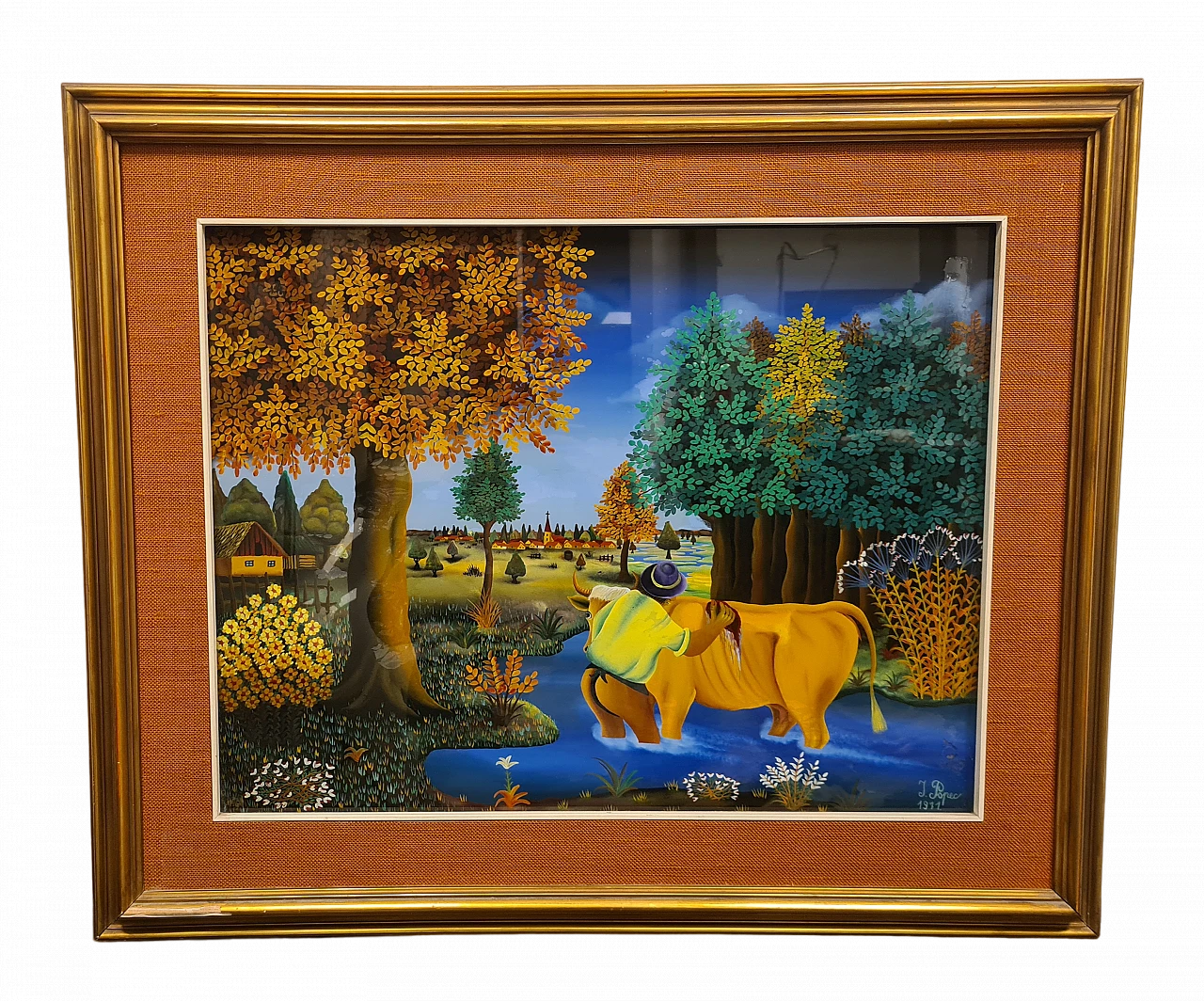 Ivan Popec, Farmer washing a cow, oil on glass, 1960s 10