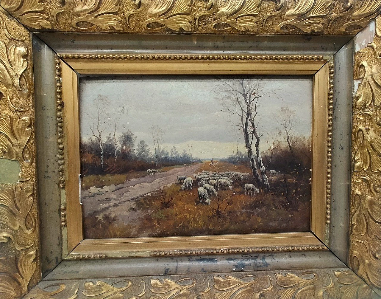 P. Shiedges, paesaggio di campagna, dipinto a olio su tavoletta, '800 3