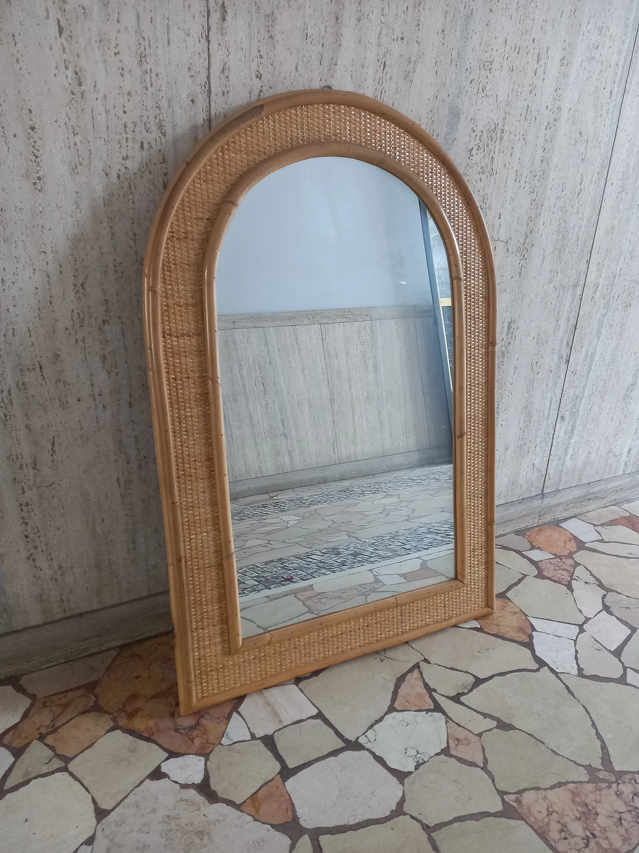 Specchio con cornice in legno e bambù di Dal Vera, anni '80 1