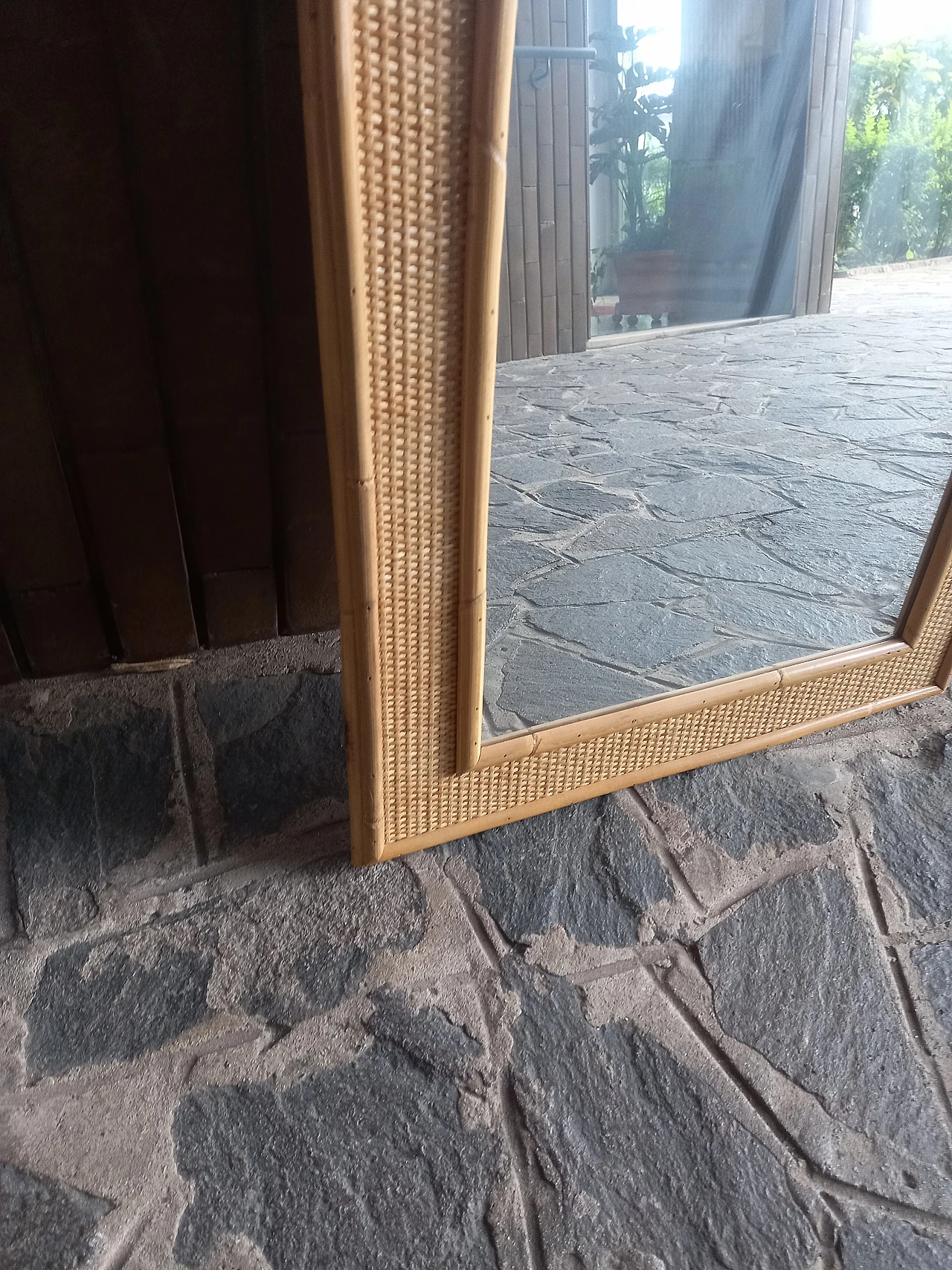 Specchio con cornice in legno e bambù di Dal Vera, anni '80 6