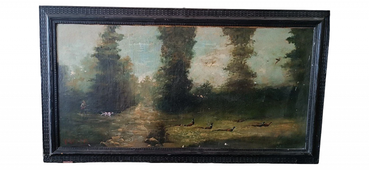 Locatelli, caccia ai fagiani, dipinto a olio su tela, '800 1