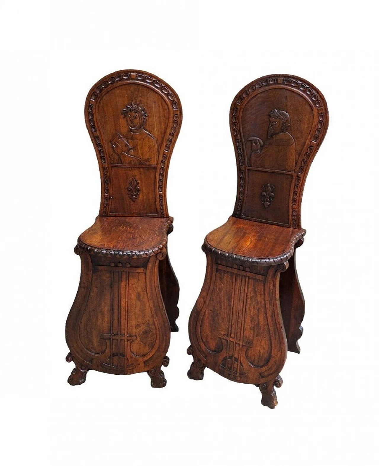 Coppia di sedie in legno intagliato con poeti e lira, fine '800 1