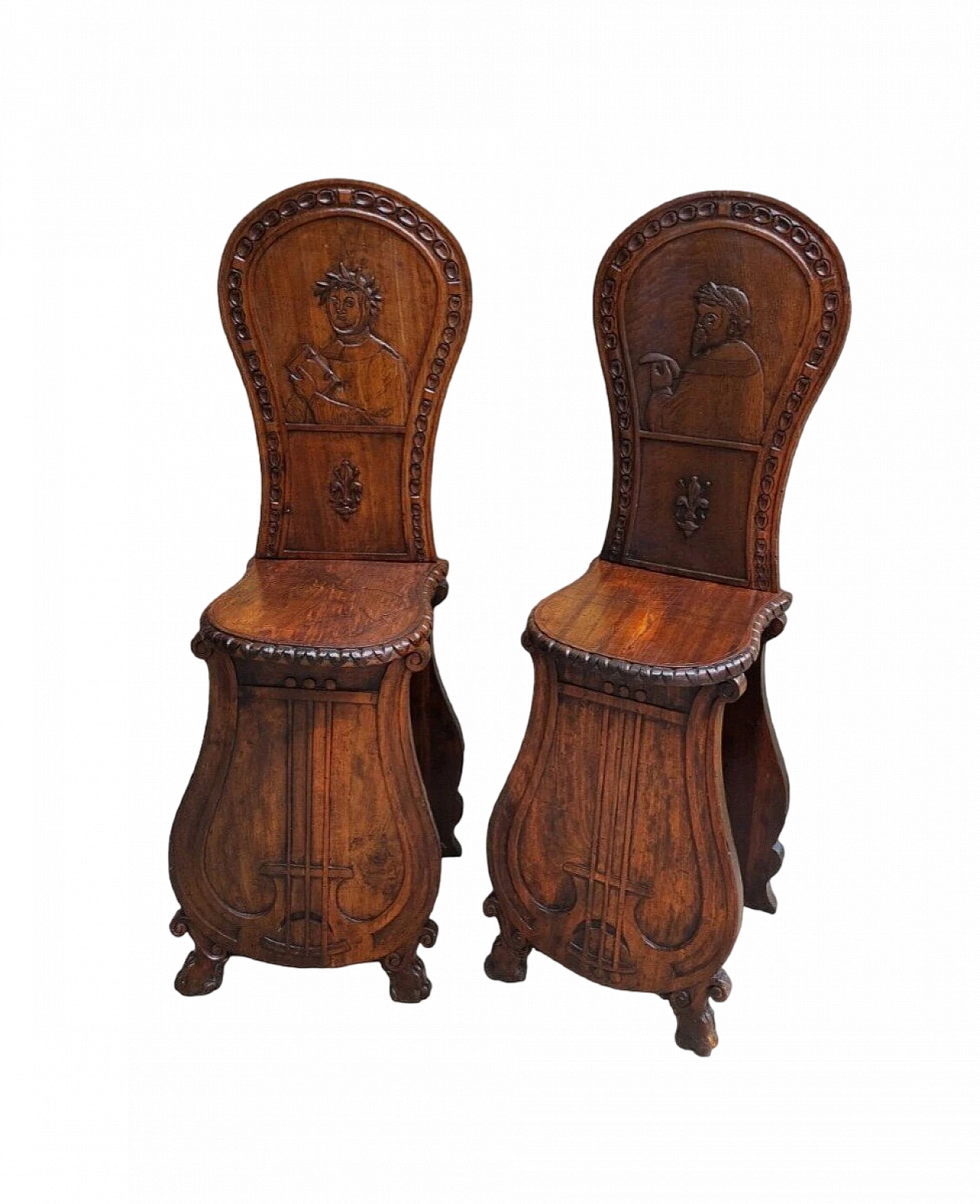 Coppia di sedie in legno intagliato con poeti e lira, fine '800 2