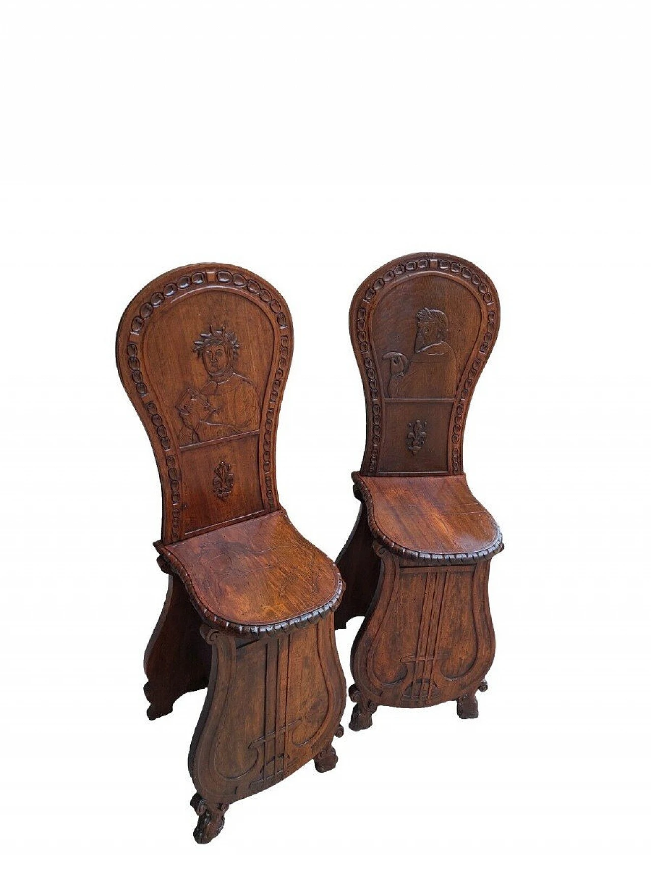 Coppia di sedie in legno intagliato con poeti e lira, fine '800 3
