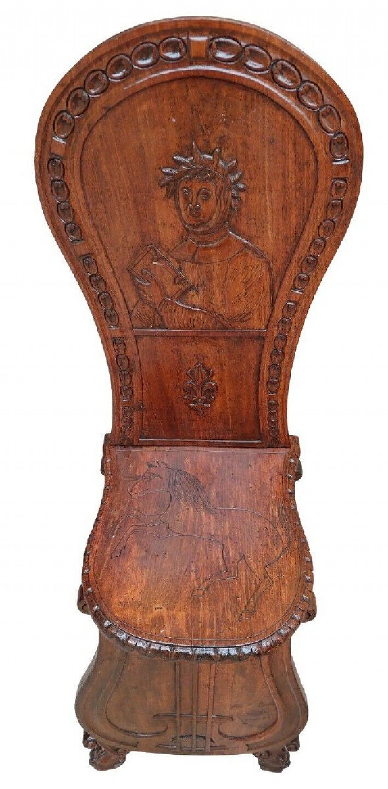 Coppia di sedie in legno intagliato con poeti e lira, fine '800 5