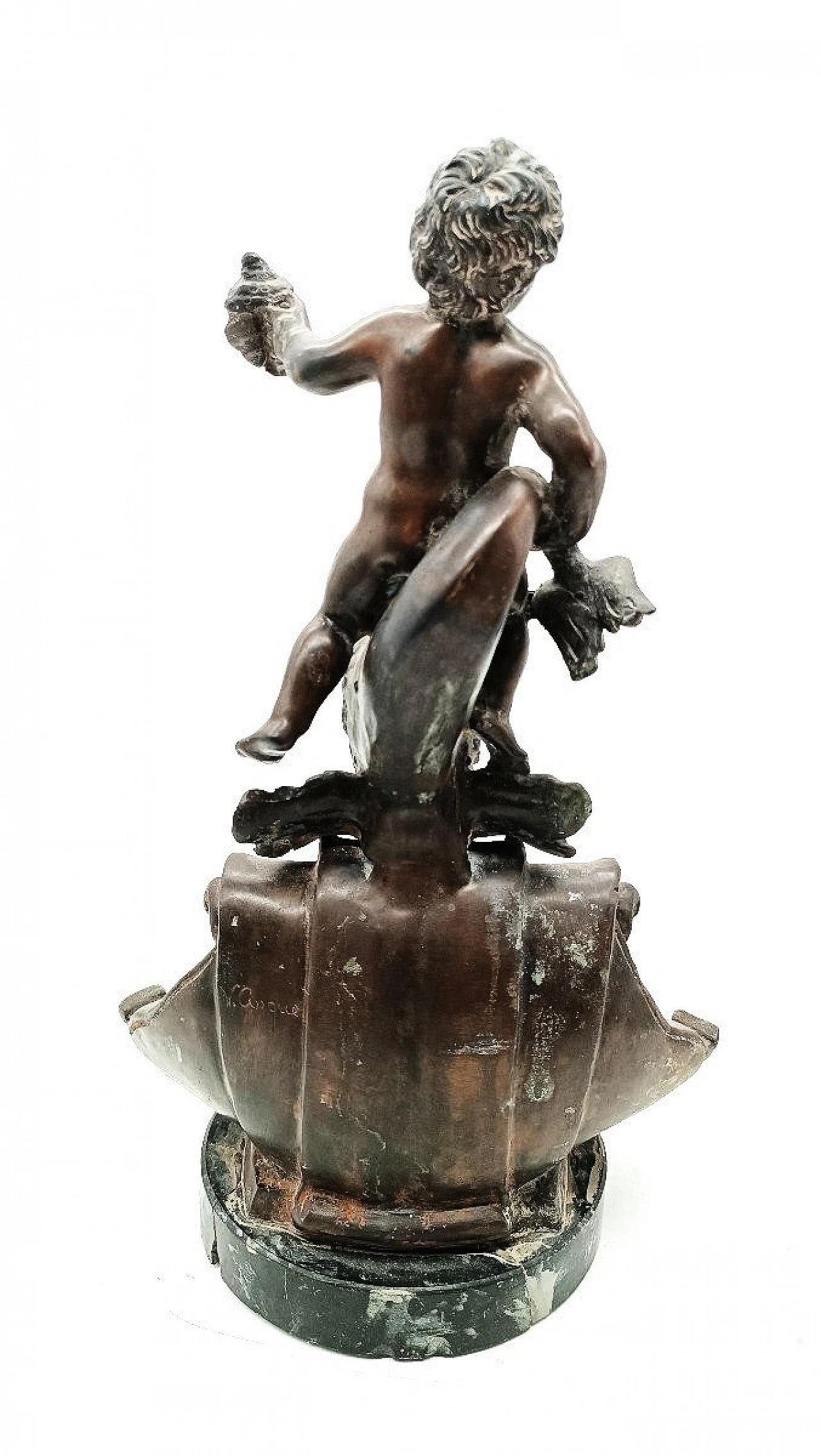 V. Cinque, putto con delfino, scultura in bronzo, fine '800 3