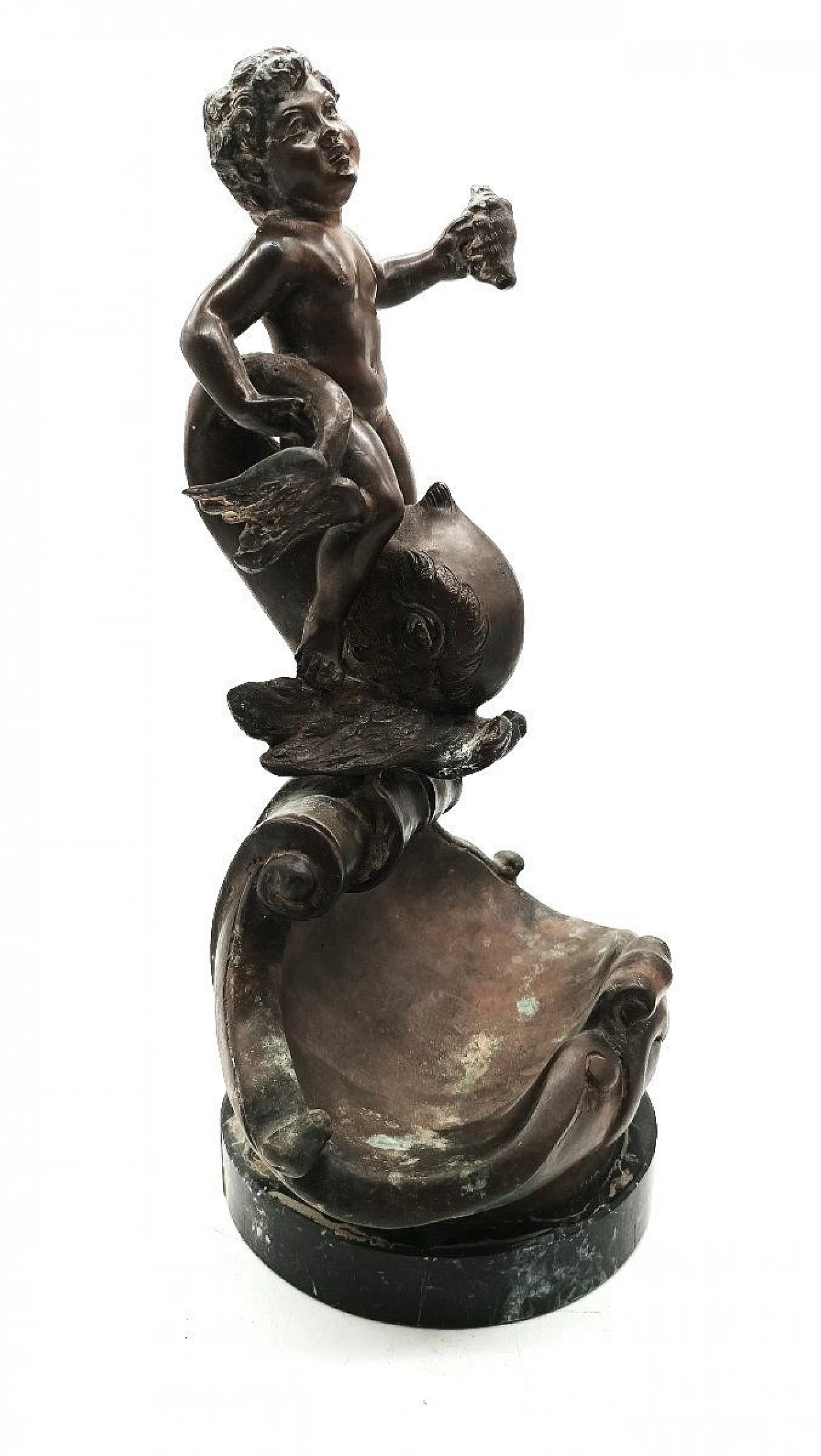 V. Cinque, putto con delfino, scultura in bronzo, fine '800 6