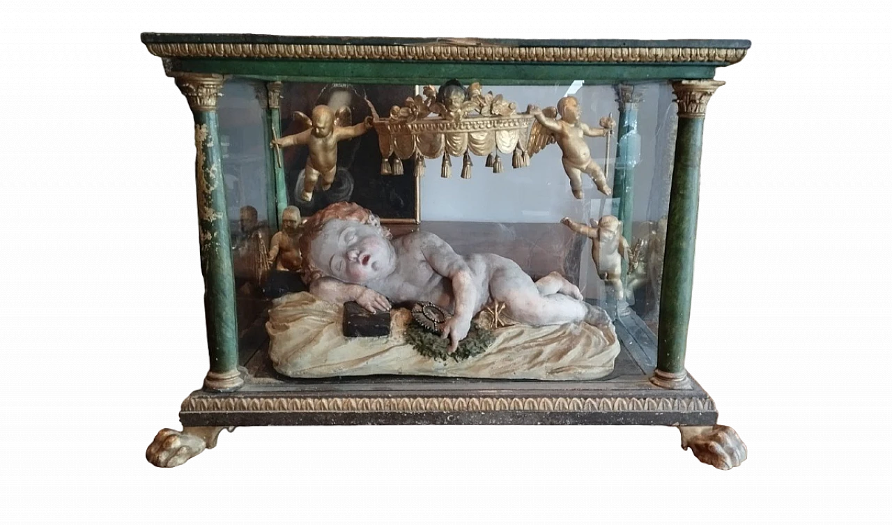 Stucco sleeping Baby Jesus sculpture in lacquered case, 18th century 14