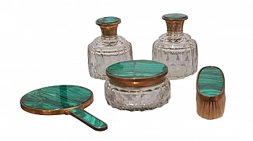 Articoli da bagno in malachite e cristallo molato e argento, anni '30