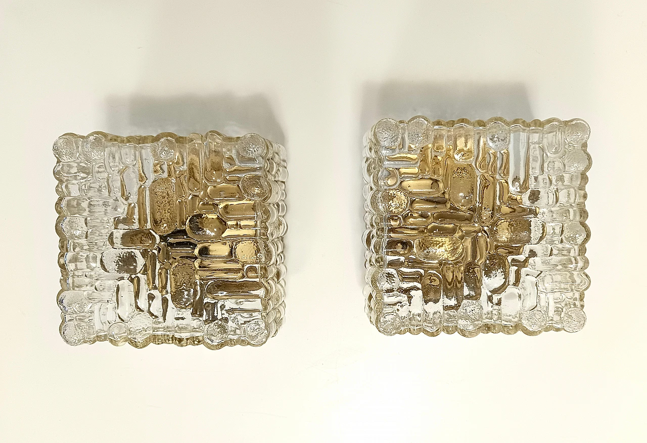 Pair of square wall lights in clear glass and iron, 1970s 1