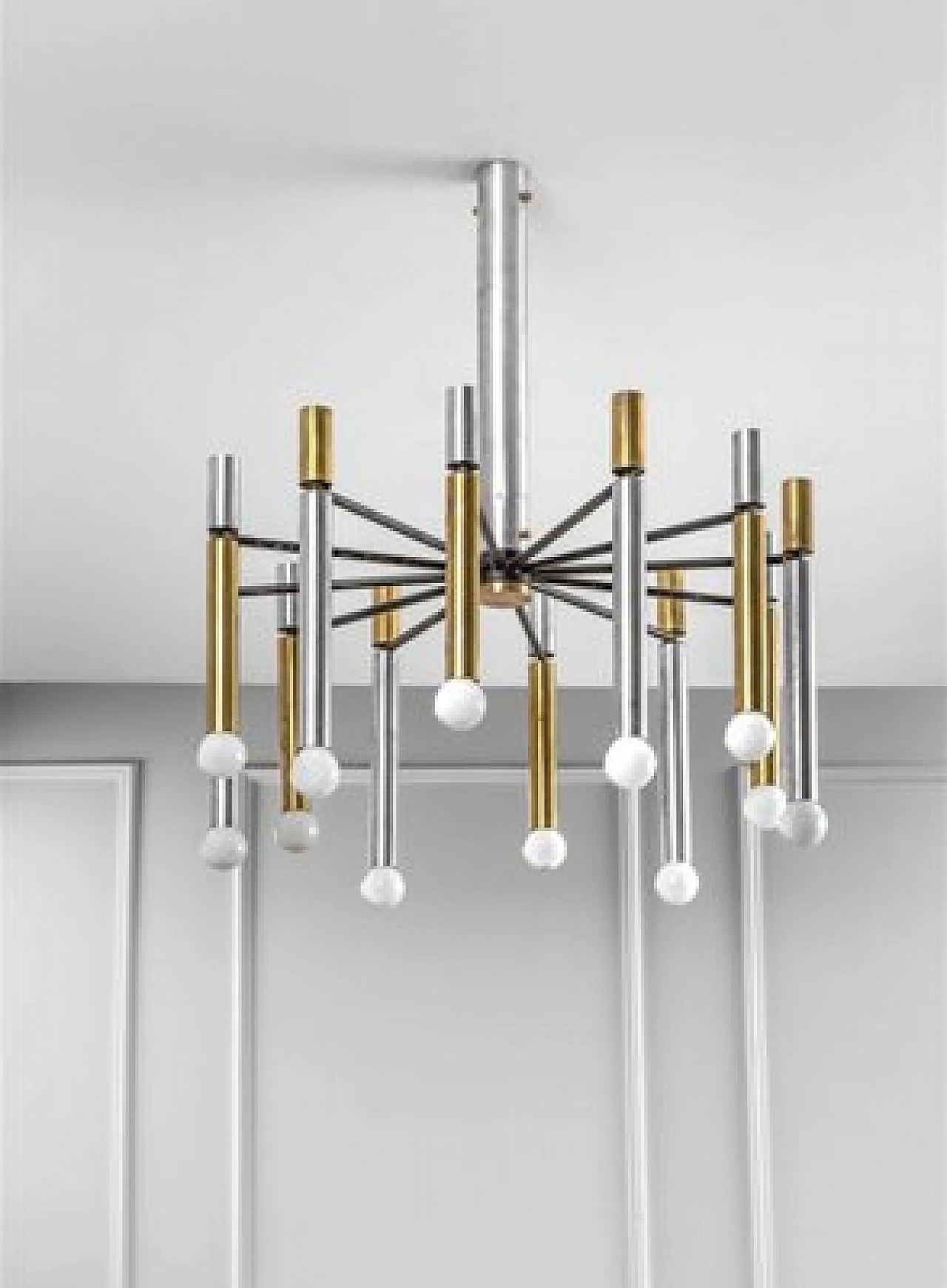 Lampadario 1147 in metallo cromato e ottone di Stilnovo, anni '50 1