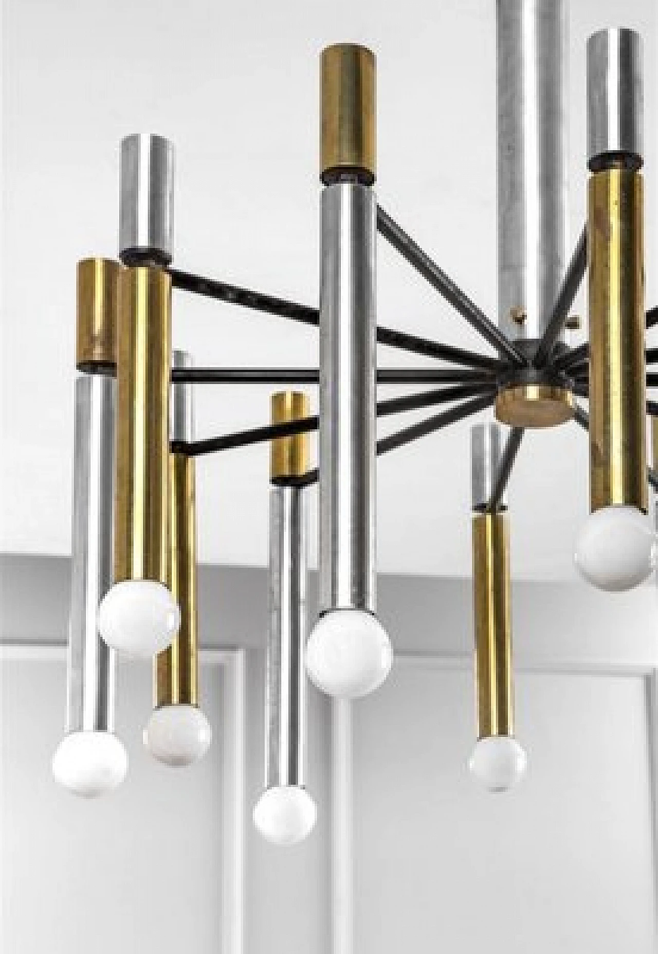 Lampadario 1147 in metallo cromato e ottone di Stilnovo, anni '50 2